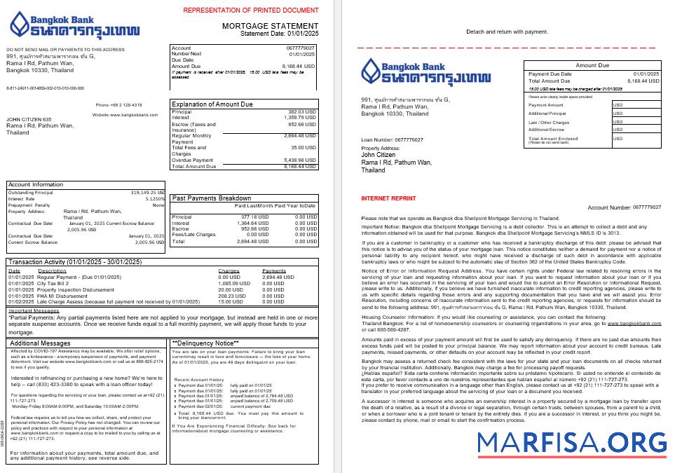 Printable Thailand Bangkok bank mortgage statement in Word and PDF formats, 3 pages 1 2 example
